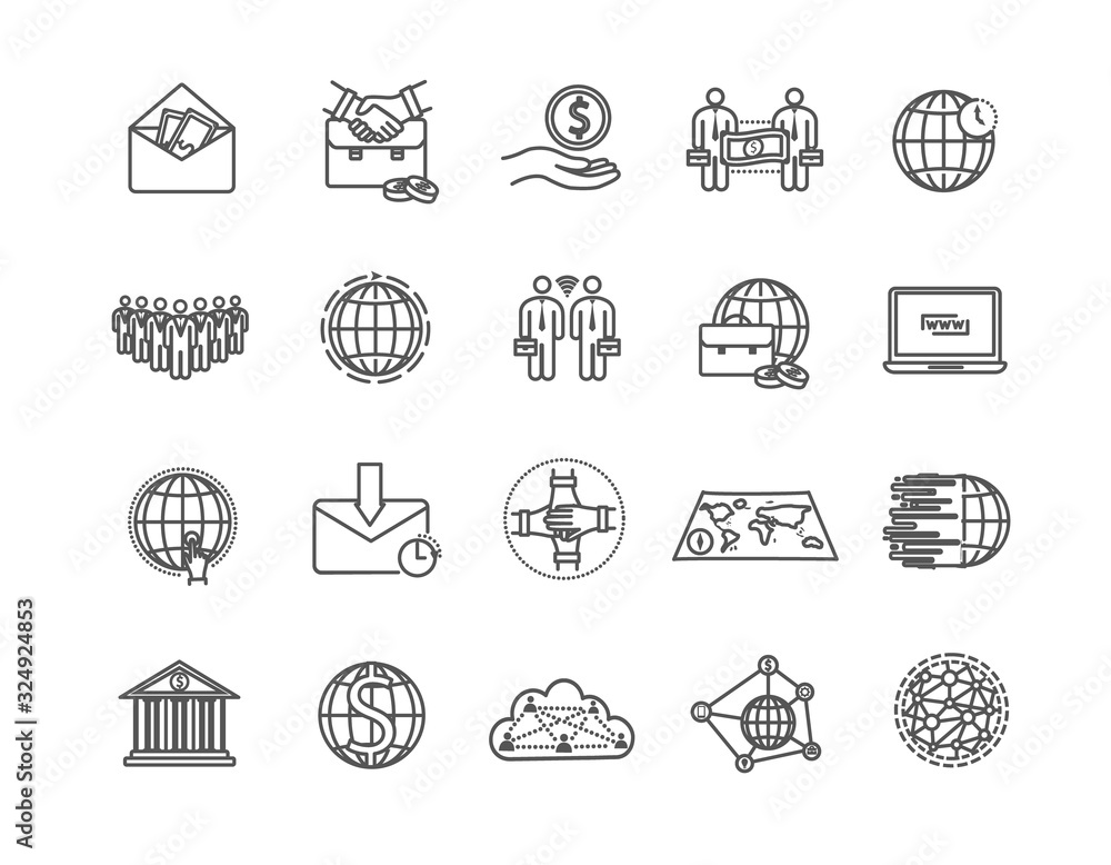 Large set of line drawing style Global Business icons for banking, money, handshake, partnership, workforce, correspondence and networking, vector illustration
