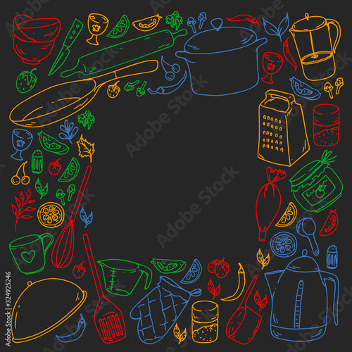Cooking class. Menu. Kitchenware, utencils. Food and kitchen icons.