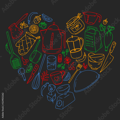 Cooking class. Menu. Kitchenware, utencils. Food and kitchen icons.