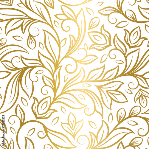 Gold and white leaves seamless pattern. Vintage vector ornament template. Paisley elements. Great for fabric, invitation, background, wallpaper, decoration, packaging or any desired idea.