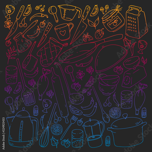 Cooking class. Kitchenware, utencils. Food and kitchen icons.