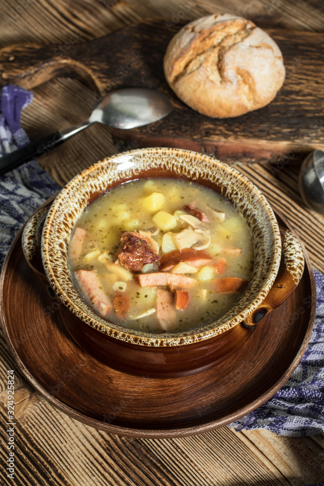 The sour soup made of rye flour. The sour soup made of rye flour.