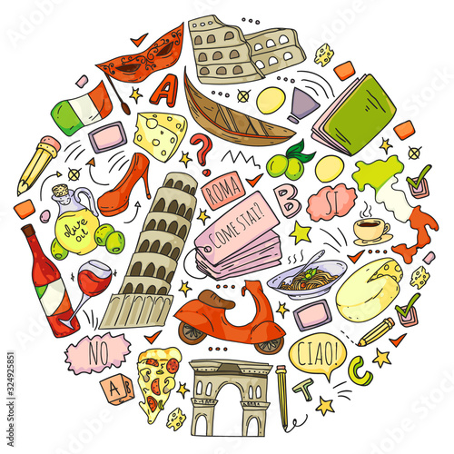Italian language learning. Vector pattern with icons and national symbols of Italy.