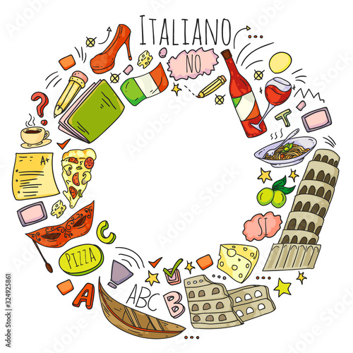Italian language learning. Vector pattern with icons and national symbols of Italy.