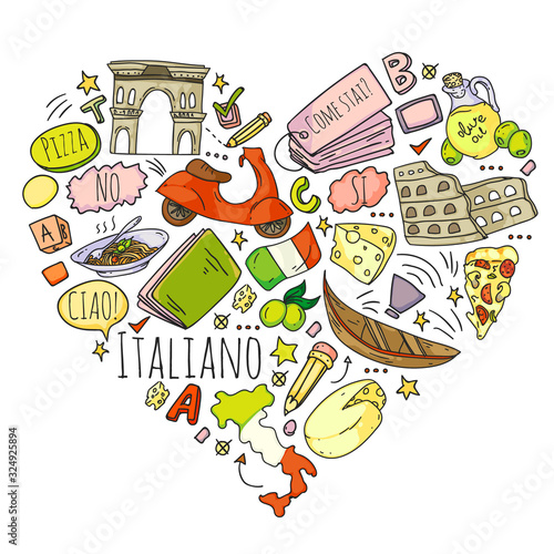 Italian language learning. Vector pattern with icons and national symbols of Italy.