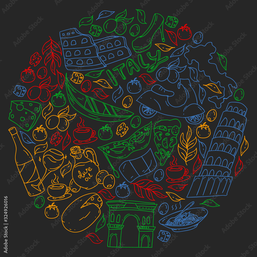 Italy vector elements and icons. Doodle pattern with italian culture, cities Roma, Venice, Milan, cheese, wine. Italy vector elements and icons. Doodle pattern with italian culture, cities Roma, Venice, Milan, cheese, wine.