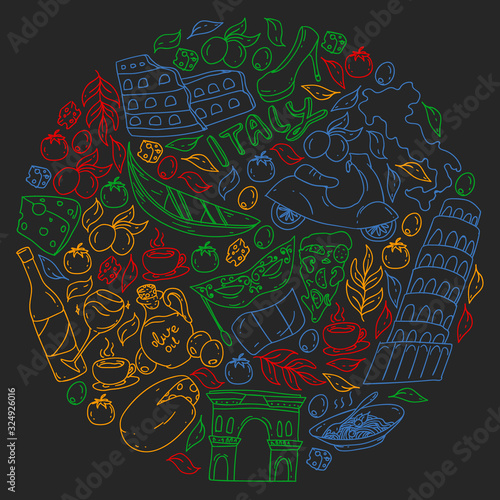Italy vector elements and icons. Doodle pattern with italian culture  cities Roma  Venice  Milan  cheese  wine.