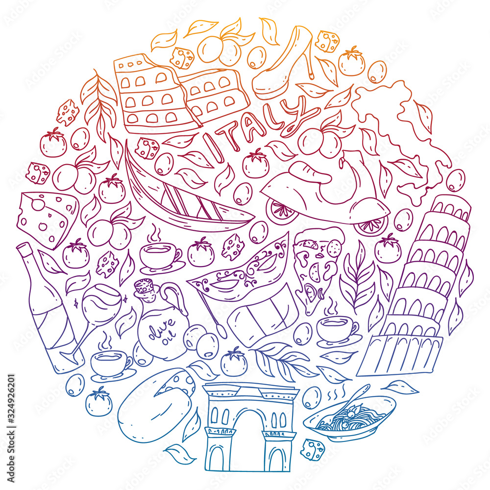 Italy vector elements and icons. Doodle pattern with italian culture, cities Roma, Venice, Milan, cheese, wine. Italy vector elements and icons. Doodle pattern with italian culture, cities Roma, Venice, Milan, cheese, wine.