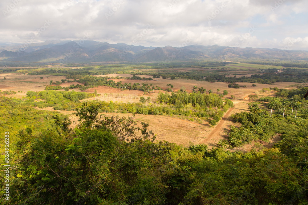 Aerial view of the Valley of the Sugar Mills near Trinidad, Cuba, during a partly cloudy day