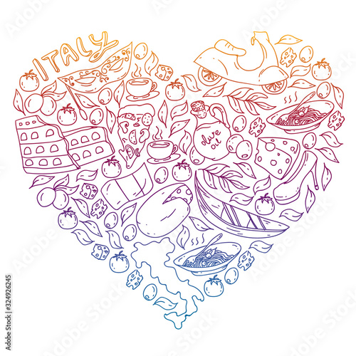 Italy vector elements and icons. Doodle pattern with italian culture, cities Roma, Venice, Milan, cheese, wine.
