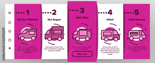 Food Truck Transport Onboarding Icons Set Vector. Food Truck Vehicle With Sausage On Roof, Catering Trailer Street Cafe Illustrations