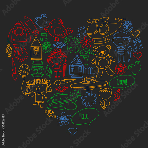 Vector icons and elements. Kindergarten  toys. Little children play  learn  grow together.