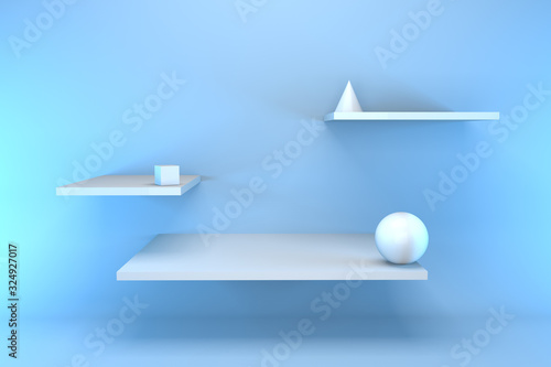 3d render shelves with abstract geometric white shapes on a blue background