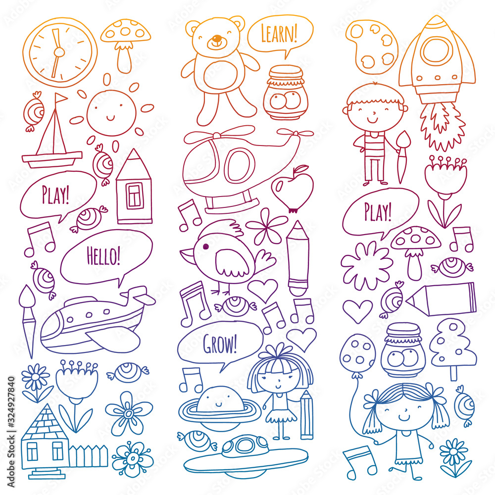 Vector icons and elements. Kindergarten, toys. Little children play, learn, grow together. Vector icons and elements. Kindergarten, toys. Little children play, learn, grow together.