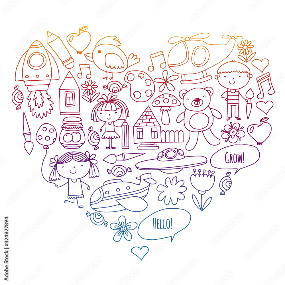 Fototapeta premium Vector icons and elements. Kindergarten, toys. Little children play, learn, grow together.