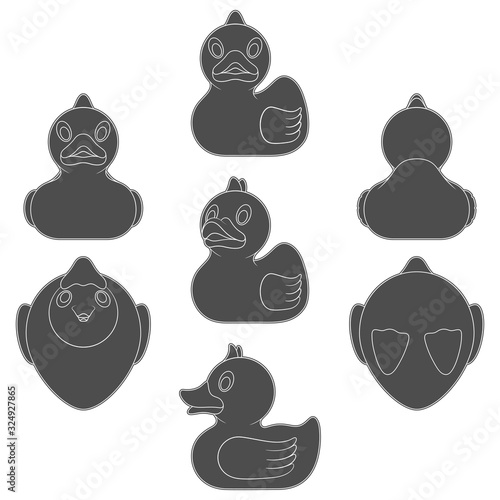 Set of black and white illustration with a toy rubber duck. Isolated vector objects on a white background.