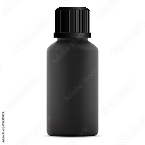 Black glass medical bottle with screw lid. Pharmacy vial illustration. Vector container mockup for essential oil aromatherapy. Round cosmetic flacon for perfume or vitamin syrup