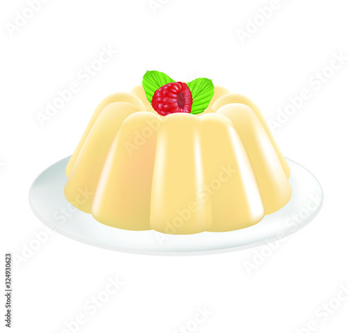 Yellow pudding with raspberry in plate. vector
