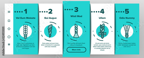 Braid Bread Hairstyles Onboarding Icons Set Vector. Long Female Braid, Braided Hair Style With Bow-knot, Fashion Pigtail Illustrations