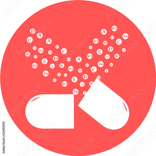 Essential vitamin and mineral complex. Vector creative design vitamin pills capsules. Multi Vitamin complex icons. Multivitamin supplement, Vitamin logo. Diet Infographic poster. Science