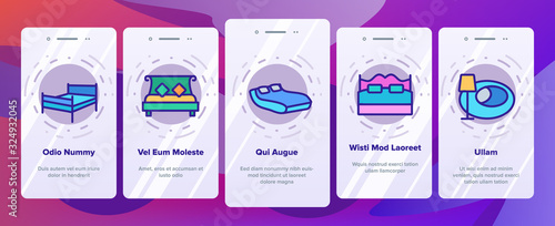 Bed Bedroom Furniture Onboarding Icons Set Vector. Stylish Modern With Lamp, Vintage, In Heart Form And Bunk Bed Illustrations