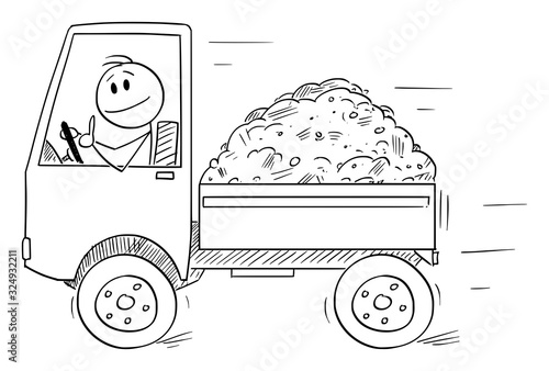 Vector cartoon stick figure drawing conceptual illustration of smiling man or driver driving small truck showing thumb up. Transportation or logistic business.