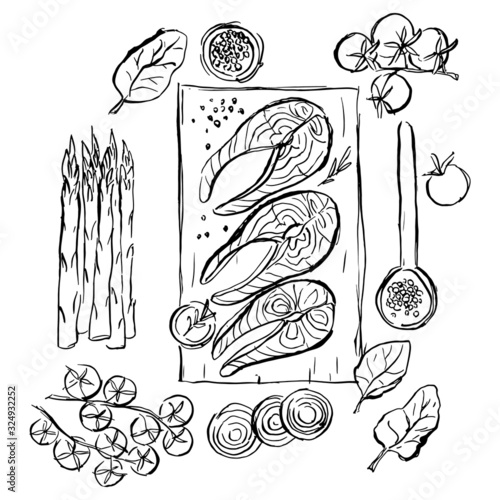 Seafood illustration. Salmon on a non-timbered board.