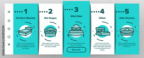 Bed Bedroom Furniture Onboarding Icons Set Vector. Stylish Modern With Lamp, Vintage, In Heart Form And Bunk Bed Illustrations