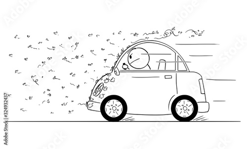 Vector cartoon stick figure drawing conceptual illustration of man driving car through swarm of bugs, flies, mosquito or insect.