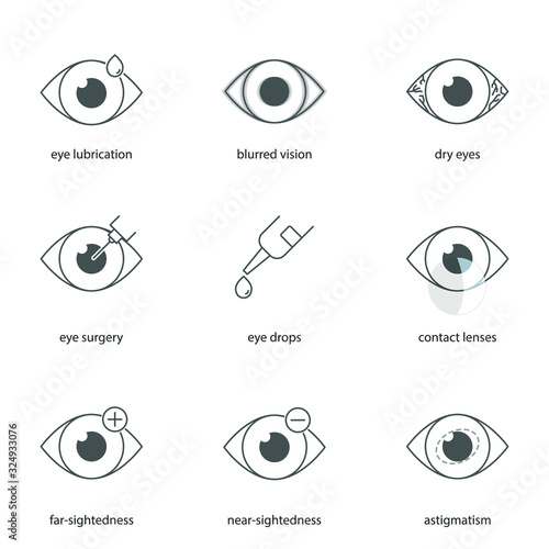 Set of ophthalmology vector icons, focusing on various eye diseases and visual impairments. EPS10 with layers. Easy to edit.