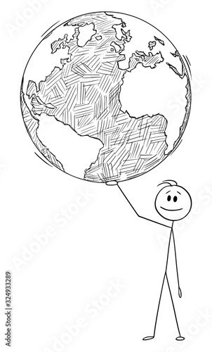 Vector cartoon stick figure drawing conceptual illustration of man, politicia or businessman holding Earth or world on hand.