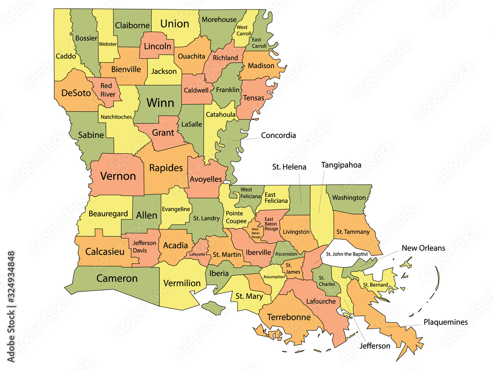 Colorful Parish Map With Parishes Names of the US Federal State of