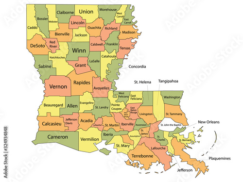 Colorful Parish Map With Parishes Names of the US Federal State of Louisiana