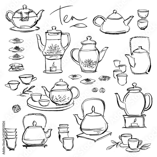 Set of illustrations of tea, teapots and mugs.
