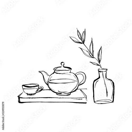 Illustration of a chinese teapot and cup of tea.