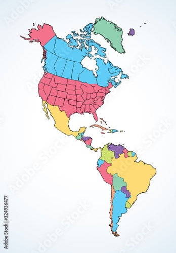 North American continent with contours of countries. Vector drawing