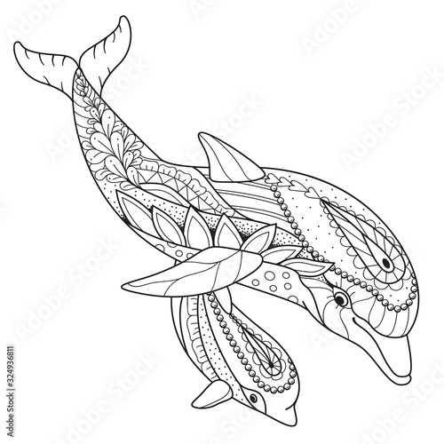 Antistress coloring book Dolphin with baby Dolphin in Zen style