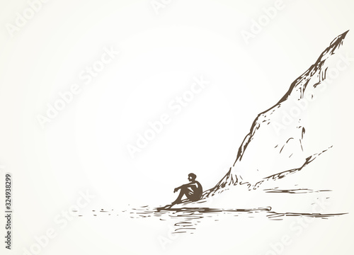 Firs on hill above river. Vector drawing