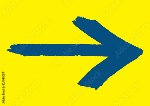Blue grungy arrow direction sign painted with hand brush over vivid bright yellow color simple background vector illustration.