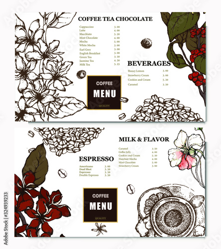 Coffee illustration. Hand drawn vector banner. Coffee maker, beans, flower, branch. Menu. 