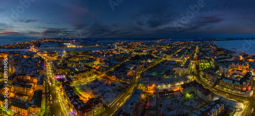 Panoramic aerial view of Salekhard at night, Yamal Peninsula, Russia photo