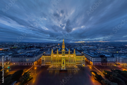 Aerial view of the Vienna city hall at night, Austria