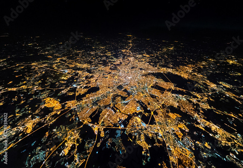 Panoramic aerial view of Moscow from the stratosphere at night, Russia photo