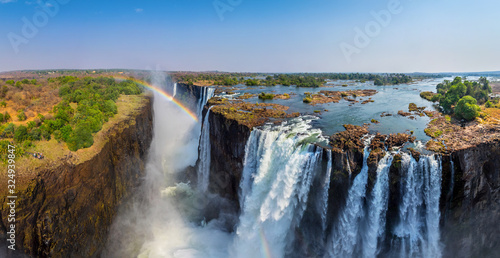 Panoramic aerial view of a waterfall in Victoria Falls, Zambia-Zimbabwe photo