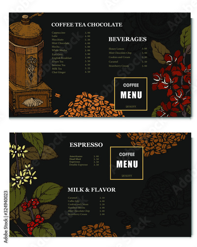 Coffee illustration. Hand drawn vector banner. Coffee maker, beans, flower, branch. Menu. 