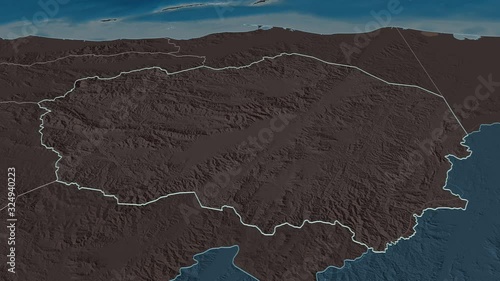 Olancho, department with its capital, zoomed and extruded on the administrative map of Honduras in the conformal Stereographic projection. Animation 3D photo