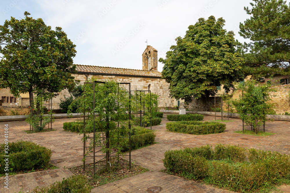 il Giardino delle Rose garden behind the Santa Maria Assunta Church in San Quirico d'Orcia, Province of Siena, Tuscany, Italy