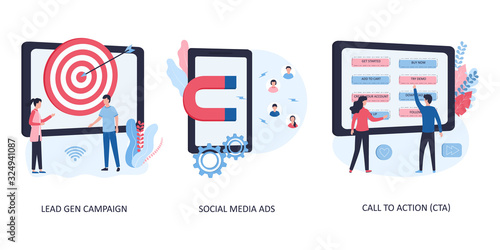 Flat vector concepts of gaining leads. Lead gen campaign, social media advertising, call to action. The landing page contains offers to buy, add to the basket, create an account, download, subscribe.