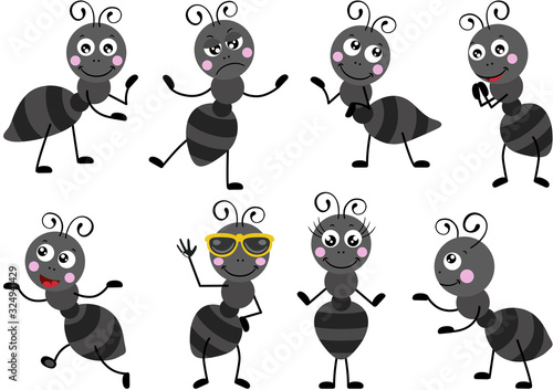 Set of funny ants in different positions and expressions
