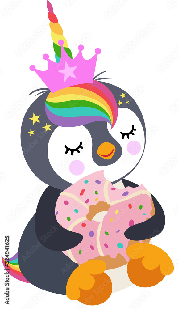 Unicorn penguin sitting eating a pink donut